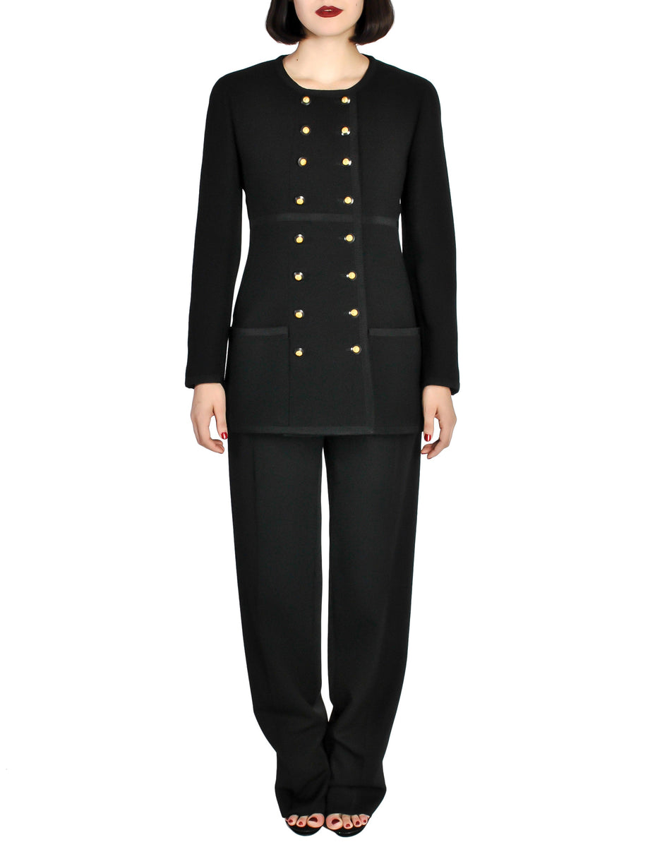 Vintage Chanel black wool longline blazer coat photographed on a white background.